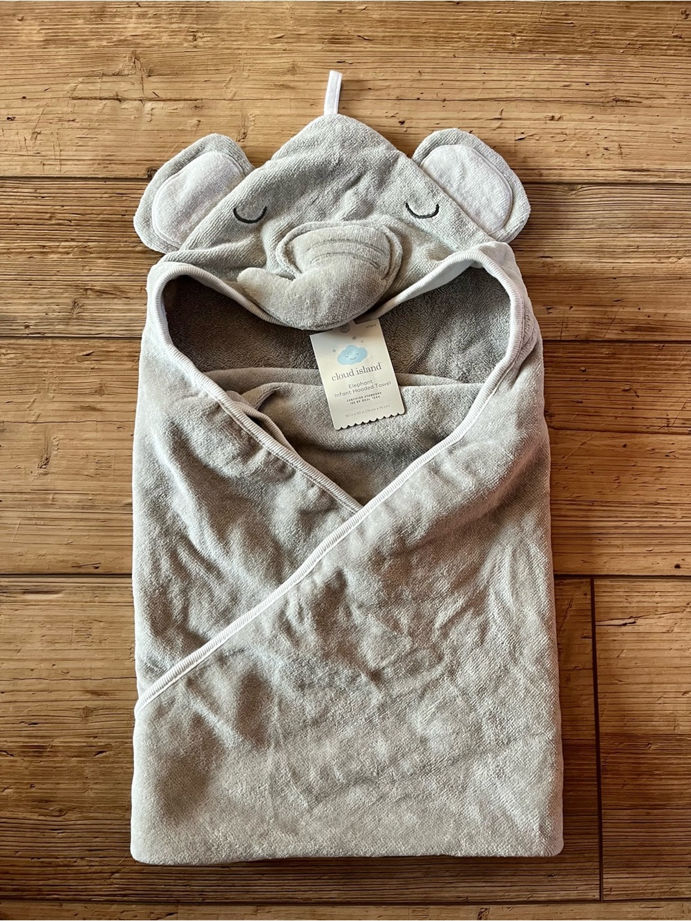 Cloud Island Elephant Hooded Baby Towel in Light Gray